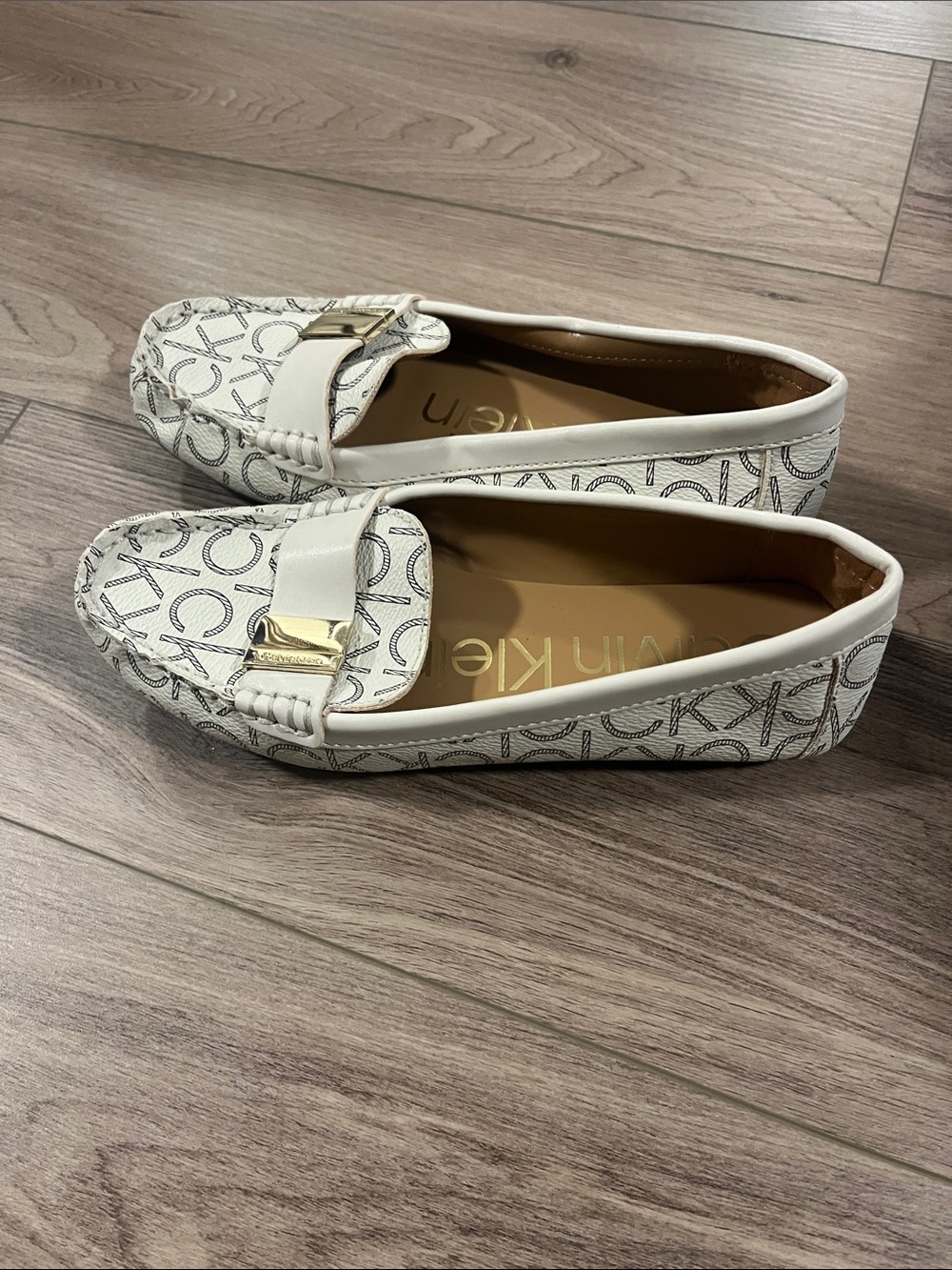 Calvin Klein White Logo Driving Loafers with Gold Accent